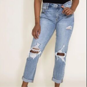 Eunina Frankie Mid Rise Girlfriend Distressed Classic Blue Denim Jeans Size 7